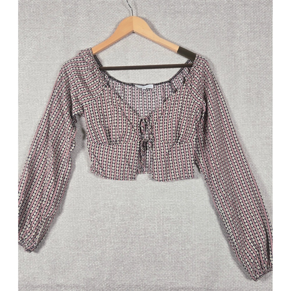 Maison d'Amelie Pink Geometric Tie Front Balloon Sleeve Crop Top XS‎
